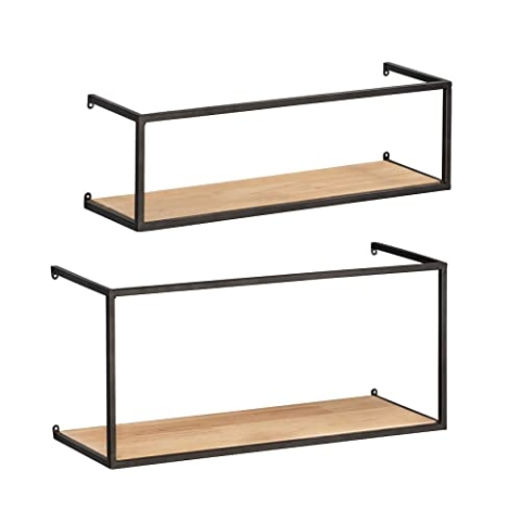 WENKO Wandregal Geo, 2er Set, Ablage für Einmachgläser aus Metall & Kiefernholz, stilvolle Aufbewahrung im Industrial-Design für den gesamten Haushalt, 55 x 25 x 20 cm & 55 x 16 x 15 cm, Schwarz/Braun