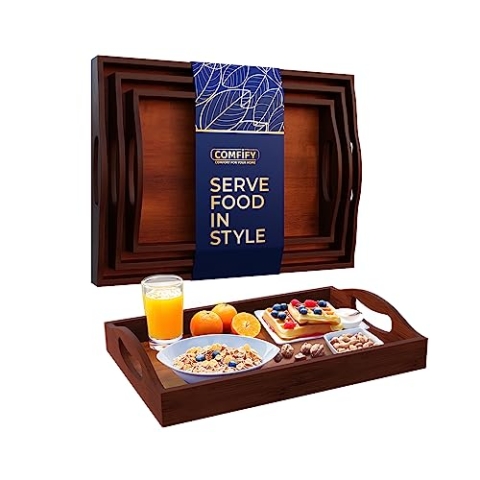 Comfify Rustikale Bambus Serviertabletts aus Holz mit Griff - 3er-Set - Großes, mittleres und kleines verschachteltes Serviertablett - zum Frühstück, als Couchtisch-Butler, Serviertablett - Braun