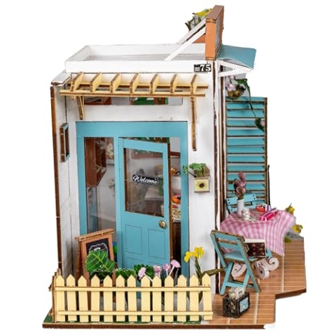 Crafts&Co® DIY Miniature Haus mit Möbeln | DIY Puppenhaus Erwachsene | Hölzernes Puppenhaus-Kit | Holz Mini Haus Modell mit Licht | 1:18 | Sweet Café