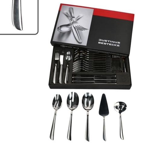 Justinus Twist 35tlg Komplett-Besteck-Set inkl Anlegeteile I für 6 Personen I mit geschwungenem Griff I 18/10 Edelstahl & Klingenstahl I Gabel, Messer & Löffel I für Gastro & Zuhause