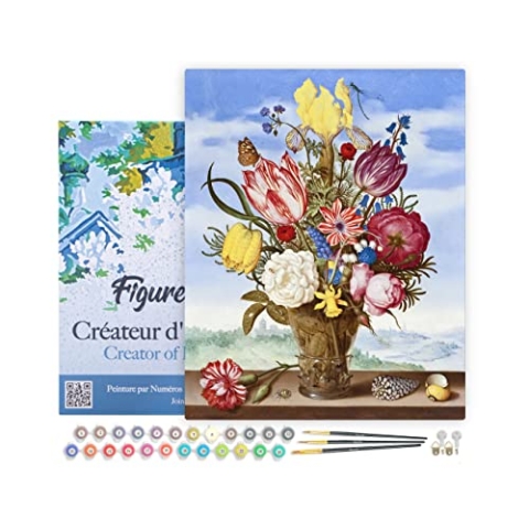 Figured'Art Malen Nach Zahlen Erwachsene Mit Rahmen Blumenstrauß - Ambrosius Bosschaert - Paint by Numbers Basteln DIY Bastelset 40x50cm Leinwand gespannt auf Holzrahmen