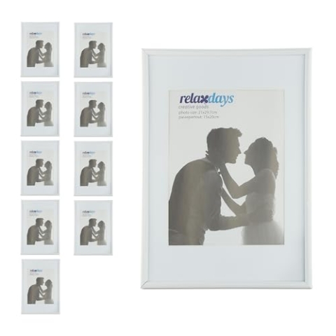 Relaxdays 24 x Bilderrahmen, Din A4, Passepartout 15x20 cm, Glasscheibe, Fotorahmen zum Stellen oder Hinhängen, Rahmen, weiß