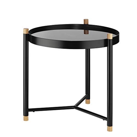 Kela Beistelltisch, Oak, Pulverbeschichtetes Metall mit Eichenholz und Glas, Ø 45 cm, 24267, Schwarz matt