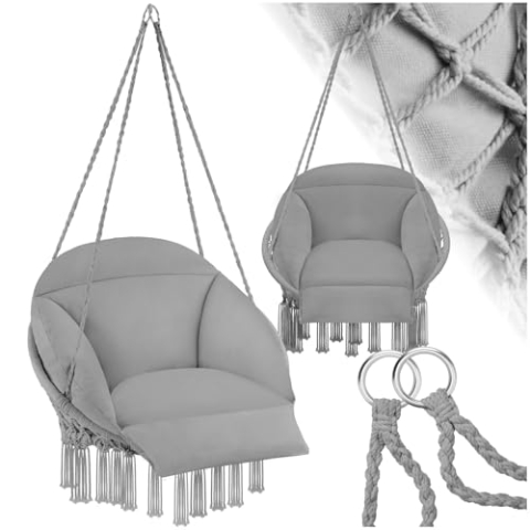 tectake® Hängesessel, Hängeschaukel mit dicken Kissen & Quasten, Boho Hängekorb Ø 80 cm, Hängesessel mit Gestell für Garten, Balkon und Wohnzimmer, Nestschaukel Outdoor & Indoor, Gartenstuhl - grau