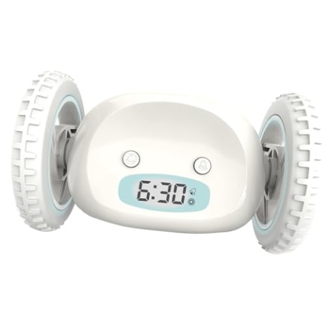 CLOCKY Lauter Wecker Digital Wecker Laut für tiefschläfer Erwachsene Jugendliche Lustig für schwerhörige schwere Schläfer auf Rädern Weglaufen Fahrender Springen Wegrollen Lustiges Geschenk (Weiss)
