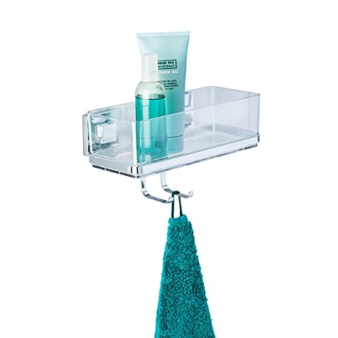WENKO Vacuum-Loc Badezimmer Wandregal Quadro mit Haken, 2 Etagen, Mit herausnehmbarer Schale, Befestigen ohne Bohren, Rostfreier Edelstahl/Kunststoff, 25,5 x 15 x 14 cm