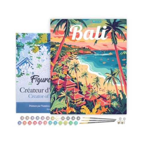 Figured'Art Malen Nach Zahlen Erwachsene Mit Rahmen Reiseposter Bali - Paint by Numbers Basteln DIY Bastelset 40x50cm - Leinwand gespannt auf Holzrahmen