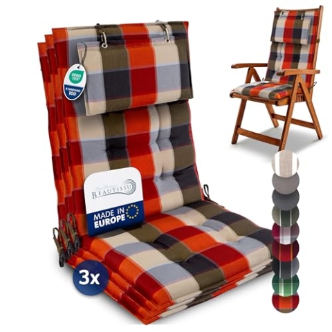 Beautissu 3er Set Premium Hochlehner Auflage Kopfpolster 120x50cm Sun-HL – 8cm Dick Polster Gartenstuhlauflage rutschfest Befestigungsbänder UV-Lichtechtheit 5 – Robust Stoff Orange Beige kariert