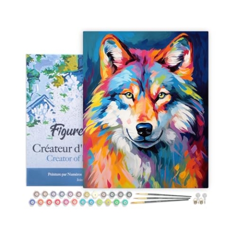 Figured'Art Malen Nach Zahlen Erwachsene Mit Rahmen Wolf Farbenfroh Abstrakt - Paint by Numbers Basteln DIY Bastelset 40x50cm - Leinwand gespannt auf Holzrahmen