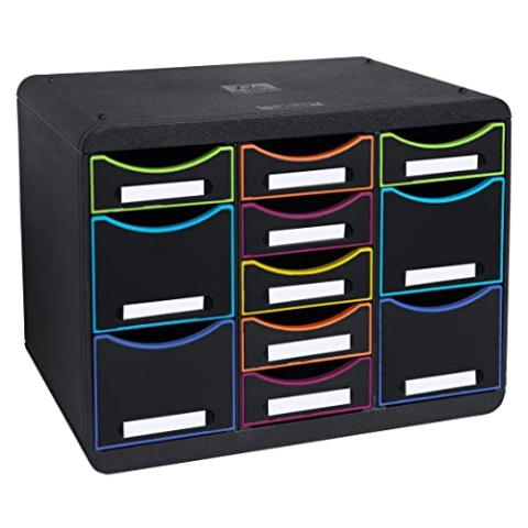 Exacompta 313914D Ablagebox Harlekin aus Recycling-Kunststoff mit 11 individuell platzierbaren Schubladen. Schubladenbox im Querformat für mehr Ordnung. Store Box Multi Blauer Engel schwarz|bunt