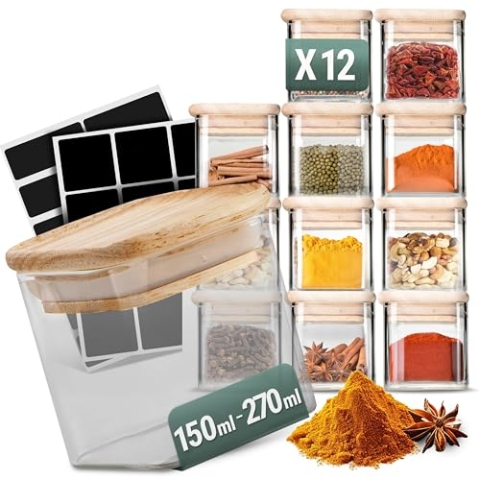 Stapelbare Gewürzgläser Set 210 ml Eckig - 12 Stück - Vorratsdosen aus Glas luftdicht - Bambus Holzdeckel - mit Etiketten & Kreidestift - Gewürzaufbewahrung, Küchenorganisation, Vorratsglas