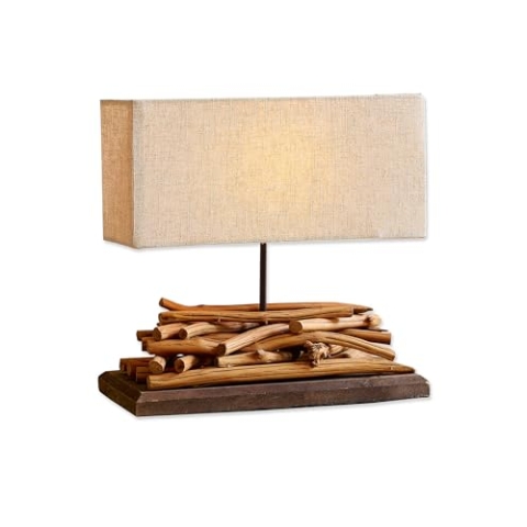 Loberon Tischlampe Caribou - Maritime Lampe Mit Treibholz - Eckiger Lampenschirm - Jedes Stück Ein Unikat - Holz, Baumwolle & Leinen - Höhe 39 cm