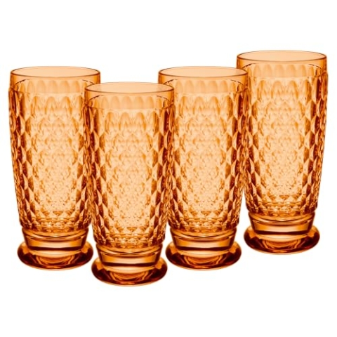 Villeroy & Boch Boston Apricot Longdrinkgläser 4er Set, 400 ml, Farbige Trinkgläser mit Facettenmuster, Kristallglas für Cocktails, Spülmaschinengeeignet, Orange