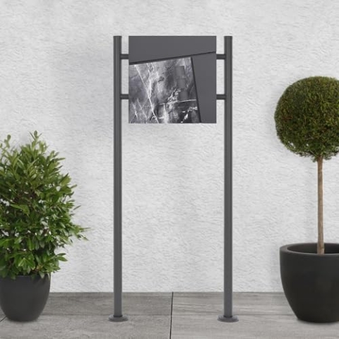 ECD Germany Standbriefkasten mit Zeitungsfach, Design Briefkasten mit Pfosten, Briefkastenanlage, Briefkastenständer Anthrazit 120cm Edelstahl pulverbeschichtet, Postkasten Anthrazit-Marmoroptik Stahl