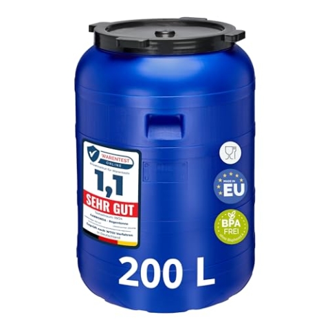 Garronda 200 Liter Weithalsfass BPA-frei Futtertonne Fass Universalfass Lebensmittel Fass Regenfass für Garten Regentonne mit Deckel Regenwassertonne für Garten Wassertonne GD-0093, Blau