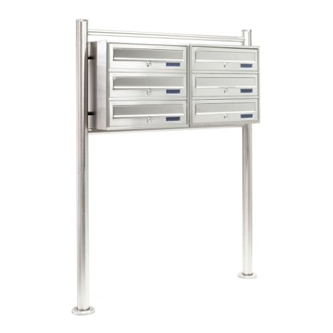 Wiltec 6er Briefkastenanlage Edelstahl 270 x 898 x 1150 mm, Standbriefkasten mit 2x3 Fächern, Schlüssel und Namensschild, Briefkasten Postkasten mit Ständer