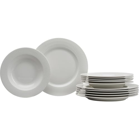 Ritzenhoff & Breker Sofia Tafelservice 12-teilig, Speiseteller (26 cm) und Suppenteller (22 cm) für 6 Personen, Tafel-Set mit feinem Rillenrelief, Fine-Dining-Geschirr, Porzellan, Weiß