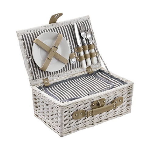 casa.pro Picknickkorb für 2 Personen Picknick-Set mit Kühltasche inkl. Geschirr Besteck Korkenzieher und Gläser Weiß
