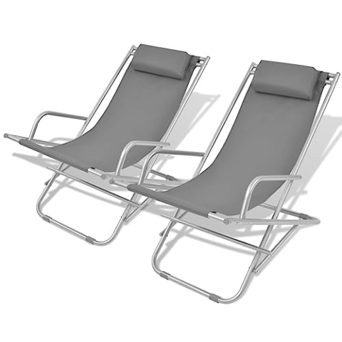 vidaXL 2X Liegestuhl mit Kopfstütze Klappbar Gartenliege Sonnenliege Relaxliege Gartenmöbel Liege Terrasse Balkon Garten Stahl Grau