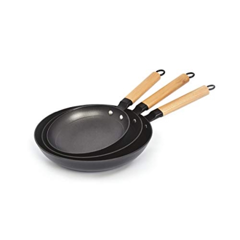 Qulinart by Brandt Pfannenset aus Gusseisen (20, 24 & 28 cm), 3-teilig, besonders leicht im Gewicht, inkl. Antihaftbeschichtung mit Wabenstruktur & ergonomischen Holzgriff, für alle Herdarten geeignet
