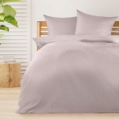 Beautissu 4tlg Seersucker Bettwäsche 135x200 cm & Kopfkissen Bezug 80x80 cm – Bügelfrei Bettwäsche-Sets Bettbezug 135x200 – Hautfreundlich Bettwaren & Bettwäsche Taupe – Meline
