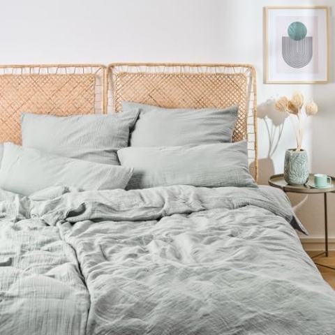 Blumtal Musselin Bettwäsche 4-teilig: 2X 135x200 cm + 2X 40x80 cm - Oeko-TEX zert. Bettwäsche Musselin aus 100% Baumwolle - extra weiches Bettwäsche-Set waschbar bei 40 °C - Sommerbettwäsche Blau