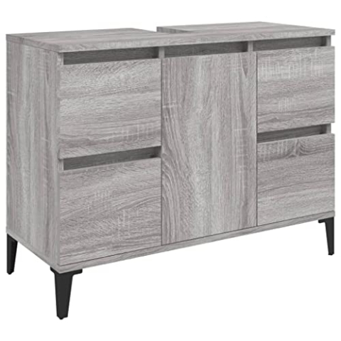 vidaXL Waschbeckenunterschrank, Badschrank mit 4 Schubladen 1 Fach, Waschtisch Unterschrank mit Metallfüßen Tür, Schrank Badunterschrank Badmöbel, Grau Sonoma Holzwerkstoff