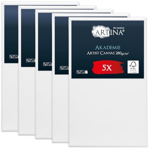 Keilrahmen Leinwand zum Bemalen 50x80 cm – Artina FSC® 5er Set bespannte Keilrahmen Leinwände zum malen für Acrylfarben Canvas 100% Baumwolle – Acryl Leinwand Rahmen