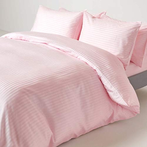 HOMESCAPES 2-teiliges Damast-Bettwäsche-Set rosa aus 100% ägyptischer Baumwolle mit Satin-Streifen, 1 Bettbezug 135x200 cm & 1 Kissenbezug 48x74 cm