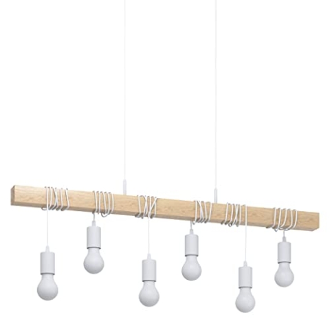 EGLO Pendellampe Townshend, 6 flammige Vintage Pendelleuchte im Industrial Design, Retro Hängelampe aus Stahl und Holz, Farbe: Weiß, braun, Fassung: E27