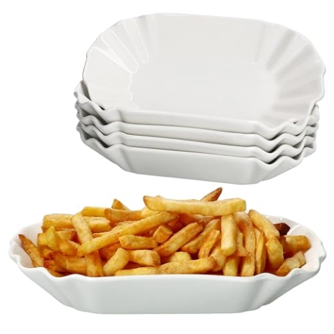 MamboCat 6er Set Frietjes Pommesschale I weiße wiederverwendbare XL-Currywurstschale aus Porzellan I Snackteller mit Relief für Würstchen, Pommes & Co