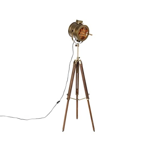 Qazqa - Industrie I Vintage I Dreibein-Stehlampe Bronze mit Holz-Studiospot - Radient I Wohnzimmer I Schlafzimmer - Länglich - LED geeignet E27