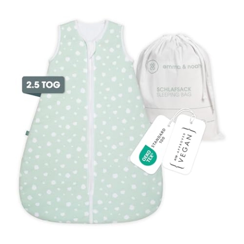 emma & noah Premium Baby Schlafsack, Flauschig Weich, Bequem & Atmungsaktiv, 100% natürliche Baumwolle, OEKO-TEX Zertifiziert, Großzügige Bewegungsfreiheit, 2.5 TOG (Punkte Mint, 80 cm)