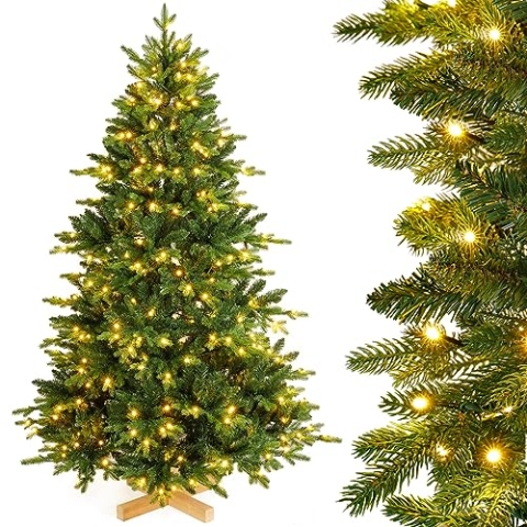 Yorbay künstlicher Weihnachtsbaum Nordmanntanne mit Beleuchtung LED Tannenbaum mit Holzständer für Weihnachten-Dekoration, aus PE und PVC, Mehrweg (210CM)