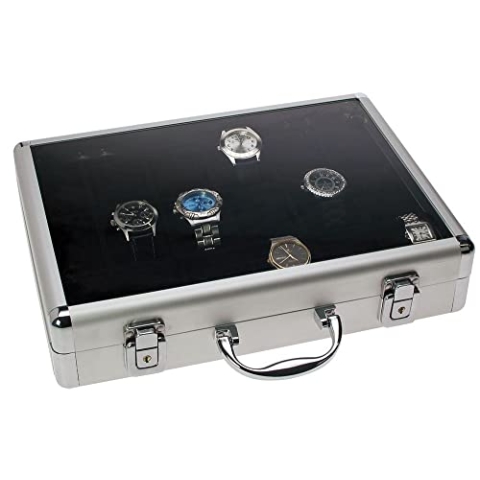 SAFE 266-3 ALU Uhrenaufbewahrungsbox Herren mit 18 Uhren-Schmuckhalter in schwarzem Samt - abschließbare Uhren Box mit Glasdeckel und abnehmbaren Uhrenkissen