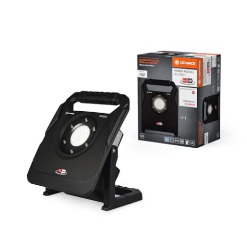 LEDVANCE Arbeitsleuchte mit schwenkbarem Kopf, batteriebetrieben, Power for all Alliance Akku kompatibel, 40 W, 4500 lm, 6500 K, 840 kaltes Tageslicht, 3-stufig dimmbar, schwarzes Aluminium, IP54