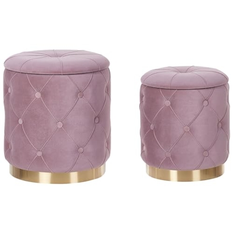 Beliani Runder Pouf im 2er Set aus Samt rosa Ottoman Sitzpouf Chesterfield Stil Pueblo