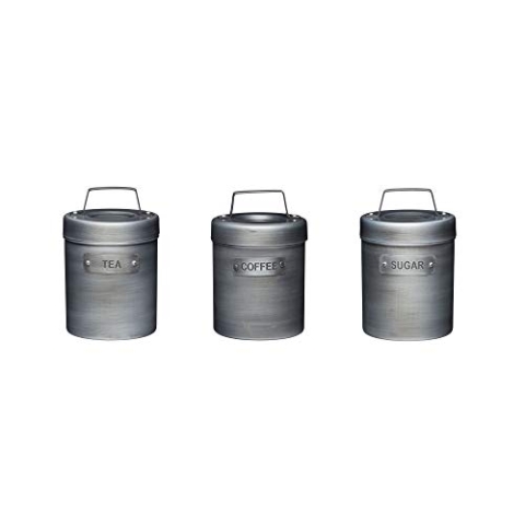 KitchenCraft Industrial Kitchen 3-er Set Vorratsdosen für Tee, Kaffee und Zucker, in Geschenkbox, Vintage-Style Metall, Grau