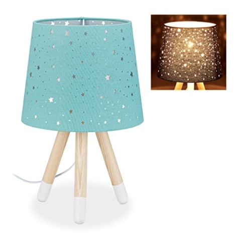 Relaxdays Tischlampe Kinderzimmer, Nachttischlampe Sterne, Jungen & Mädchen, E14, runder Stoffschirm, 40 cm hoch, mint