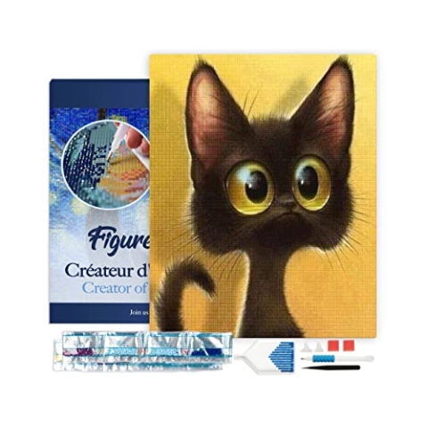 Figured'Art Diamond Painting Erwachsene 40x50cm Mit Rahmen Ganze Leinwand gespannt Überraschte Katze 5D Bilder Eckige Steine - DIY Set Basteln