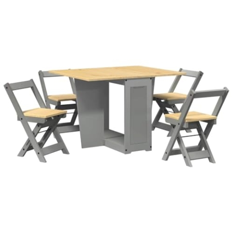 vidaXL 5-TLG. Butterfly-Esstisch-Set Corona Grau Kiefernholz, Essmöbel-Set, Butterfly-Esstisch, Esstisch und Stühle, Schmetterlingstisch und Stühle