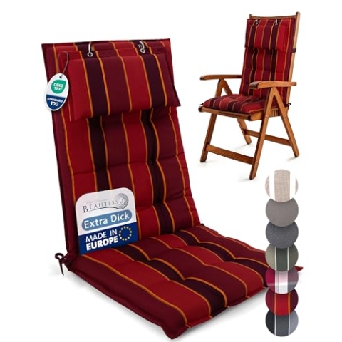 Beautissu 3er Set Premium Hochlehner Auflage Kopfpolster 120x50cm Sun-HL – 8cm Dick Polster Gartenstuhlauflage rutschfest Befestigungsbänder UV-Lichtechtheit 5 – Robust Stoff Rot gestreift