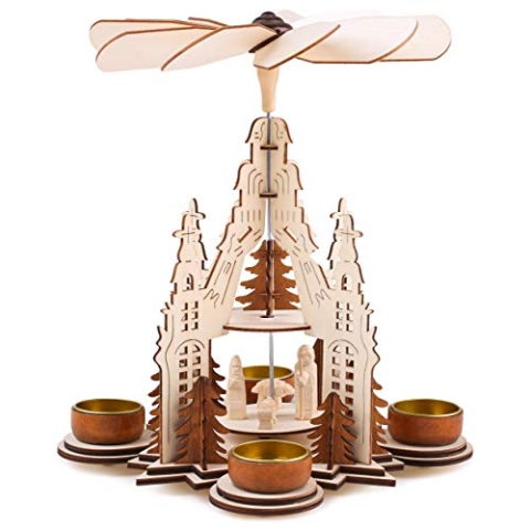 BRUBAKER Weihnachtspyramide Kathedrale 29 cm - Maria, Josef und Jesus - 2 Etagen - Teelichtpyramide mit 4 Teelichthaltern aus Metall - Holz Natur