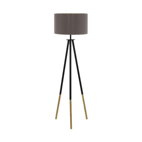 EGLO Stehlampe Bidford, Stehleuchte Vintage, Standleuchte aus Holz, Stahl und Textil, Wohnzimmerlampe in Dunkelbraun, Braun und Gold, Lampe mit Tritt-Schalter, FSC zertifziert, E27 Fassung