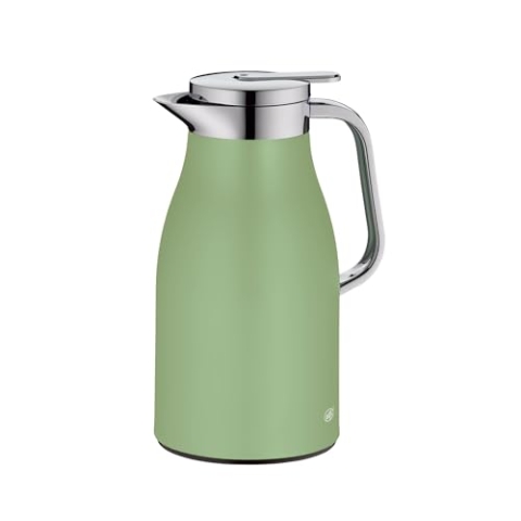 alfi SKYLINE 1,0l, celadon green mat, Edelstahl-Isolierkanne mit hygienischem Hartglaseinsatz, Drehverschluss mit bequemer Drucktaste, ergonomischer Griff, mit einer Hand, ideal als Teekanne