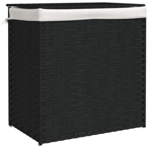 vidaXL Wäschekorb, Wäschesammler mit 2 Fächern, Klappbar Wäschebox mit Innentasche Deckel, Wäschetruhe Wäschetonne, Schwarz 53x35x57cm Poly Rattan