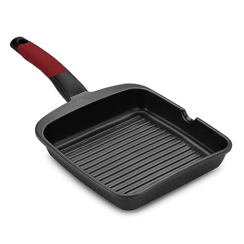 BRA Premiere | Grill mit Streifen 22 cm, Aluminiumguss, dreischichtig mit verstärkter Antihaftbeschichtung ohne PFOA, geeignet für alle Herdarten einschließlich Induktion, Farbe Rot