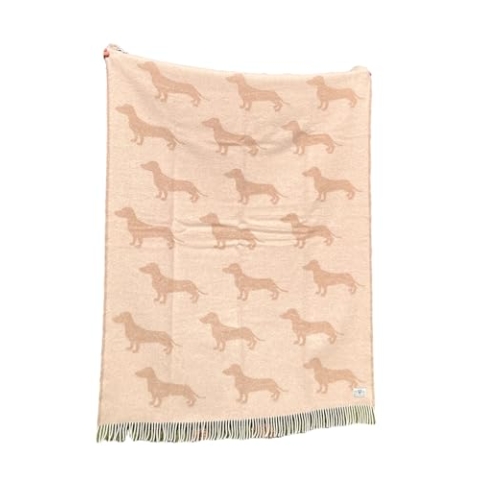 Wool Plaid/Dachshund Blanket Sand - Coffee/Dachshund Teckel - 100% New Wool, extra Thick - extra Soft - warm - Insulating - Two-Tone - 130x170cm + Fringes idea