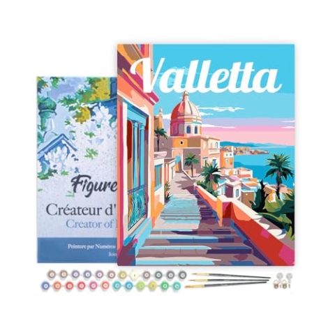Figured'Art Malen Nach Zahlen Erwachsene Mit Rahmen Reiseposter Valletta Malta - Paint by Numbers Basteln DIY Bastelset 40x50cm - Leinwand gespannt auf Holzrahmen
