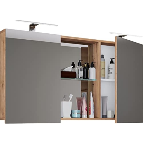 VCM Badschrank zeitlos | Maße ca. H. 59 x B. 112 cm T. 12 cm | Zwei Drehtüren mit Ablagefächer | Spiegelschrank - Budasi Honig-Eiche